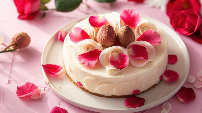 gourmet rose and lychee cake with rose petals on a soft pink background, elegant and perfect for sophisticated text
