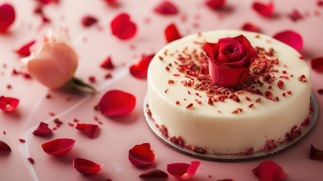 gourmet rose and lychee cake with rose petals on a soft pink background, elegant and perfect for sophisticated text