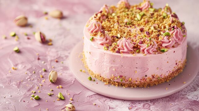 gourmet rose water and pistachio cake with pistachio crumble on a soft rose pink background, chic and perfect for elegant text