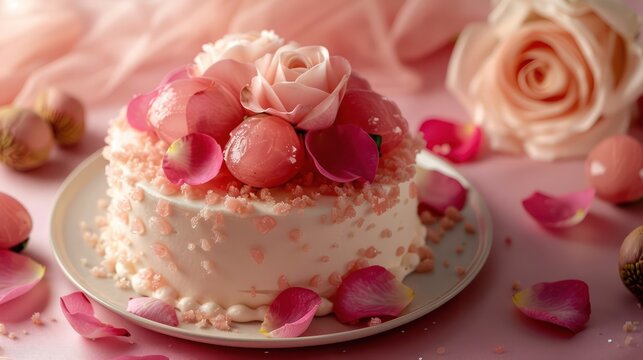 gourmet rose and lychee cake with pink rose petals and lychee fruit on a soft pink background, elegant and perfect for sophisticated events