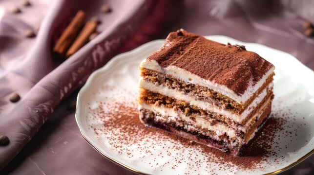 gourmet tiramisu cake on a rich plum background, ideal for sophisticated text