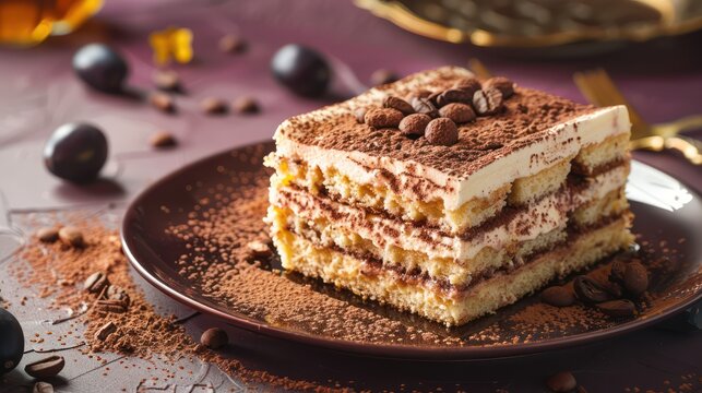 gourmet tiramisu cake on a rich plum background, ideal for sophisticated text