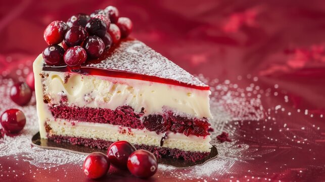 gourmet white chocolate and cranberry cake with cranberry topping on a cool cranberry red background, sophisticated and perfect for elegant text