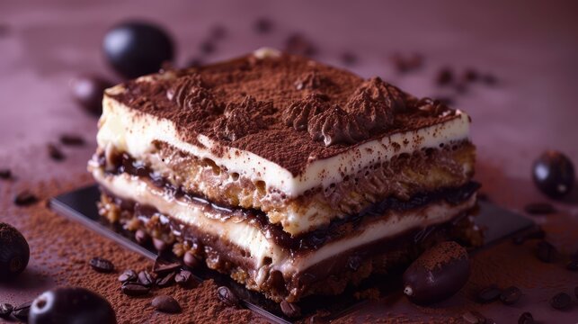 gourmet tiramisu cake on a rich plum background, ideal for sophisticated text