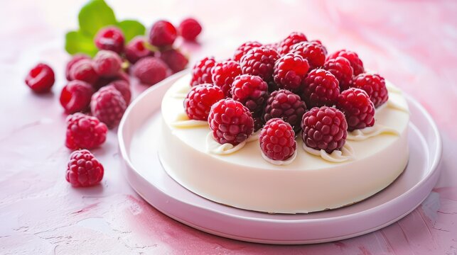 gourmet white chocolate and raspberry cake with fresh raspberries on a soft pink background, elegant and perfect for sophisticated text