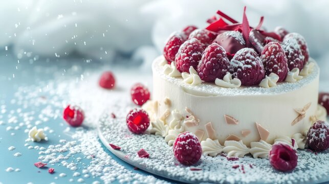 gourmet white chocolate and raspberry cake on a soft powder blue background, delicate and inviting for text