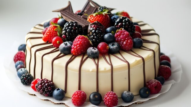 gourmet white chocolate and berry cake with fresh berries on a soft white background, elegant and perfect for sophisticated text