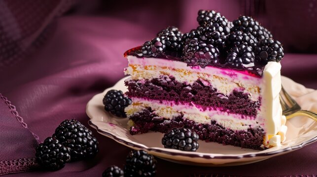 luxurious blackberry and cream cake on a deep purple background, rich and inviting for text