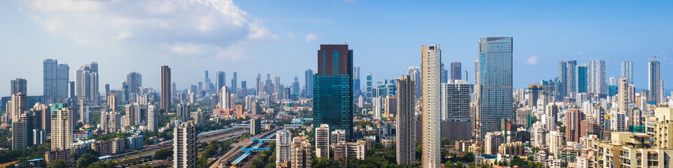 Panorama of Mumbai's skyline on a sunny summer afternoon, spanning from Wadala to Worli