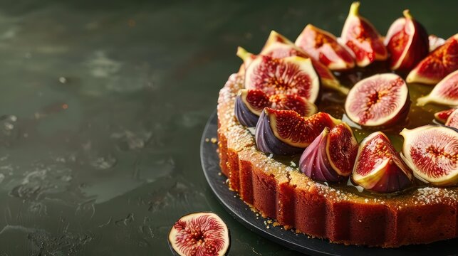 luxurious fig and honey cake on a deep olive green background, with ample space for elegant text