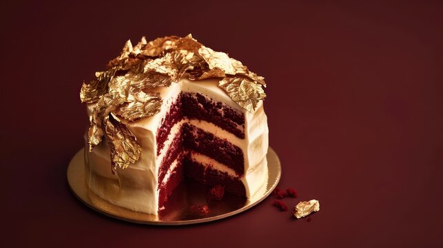 luxurious gold leaf red velvet cake on a rich maroon background, elegant and perfect for sophisticated text
