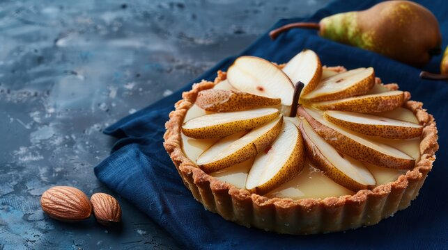luxurious pear and almond tart on a navy blue background, ideal for sophisticated text placement