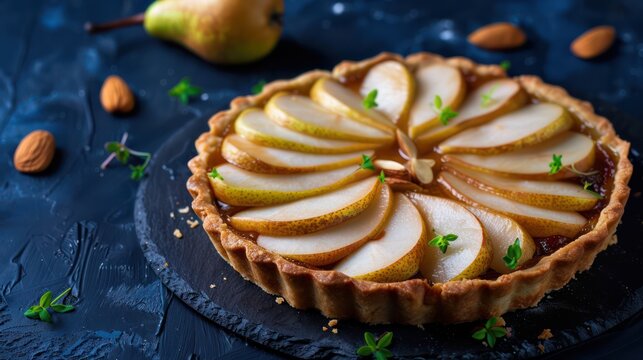 luxurious pear and almond tart on a navy blue background, ideal for sophisticated text placement