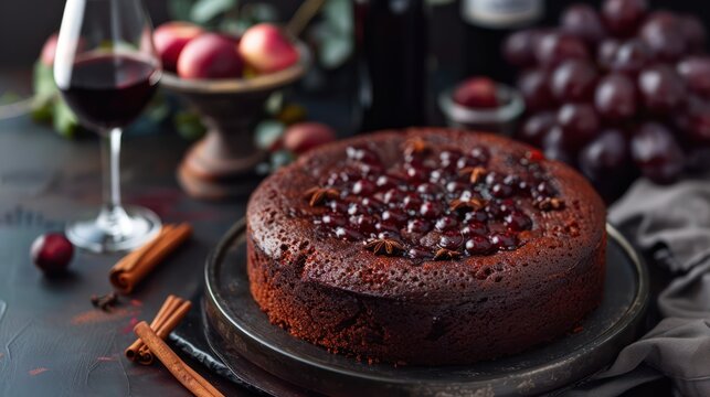 luxurious red wine cake with a hint of spice on a deep claret background, rich and perfect for elegant text