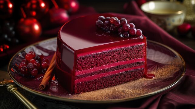 luxurious red wine cake with a hint of spice on a deep claret background, rich and perfect for elegant text