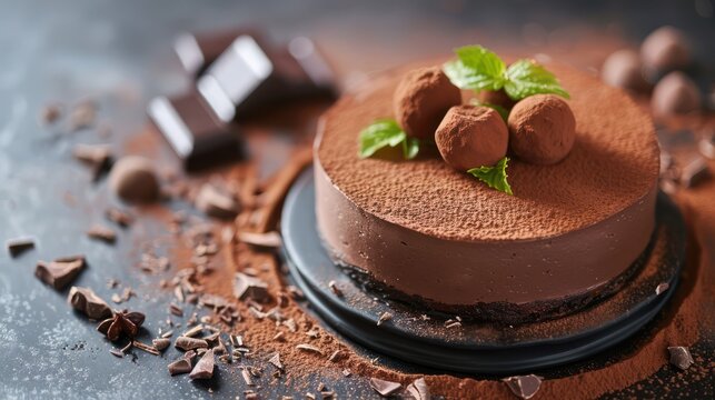 luxurious truffle cake dusted with fine cocoa on a dark chocolate background, sophisticated and perfect for gourmet text