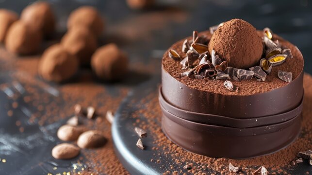 luxurious truffle cake dusted with fine cocoa on a dark chocolate background, sophisticated and perfect for gourmet text