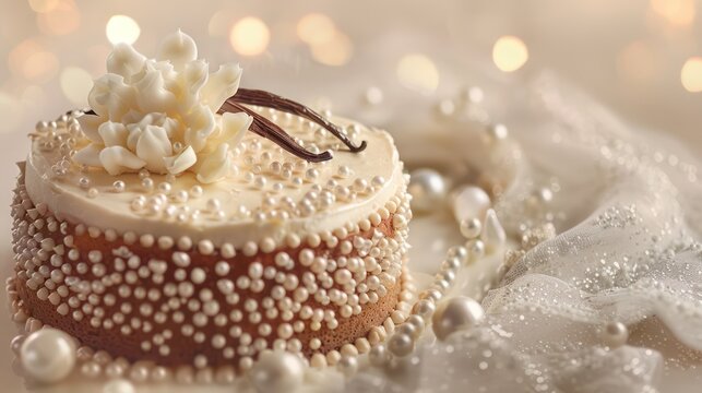 luxurious vanilla bean cake with edible pearls on a soft ivory background, perfect for elegant and sophisticated text