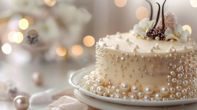 luxurious vanilla bean cake with edible pearls on a soft ivory background, perfect for elegant and sophisticated text