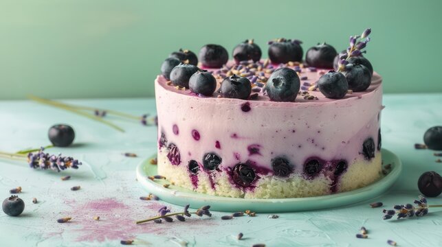 luxurious velvet blueberry cake with hints of lavender, set against a pale turquoise backdrop