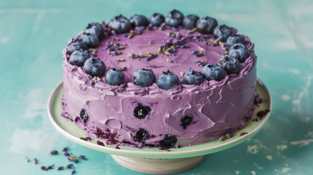 luxurious velvet blueberry cake with hints of lavender, set against a pale turquoise backdrop