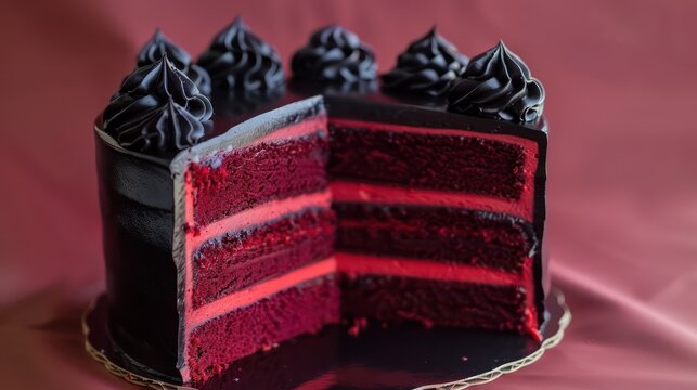 luxurious velvet cake with deep red layers and black icing on a burgundy background, dramatic and perfect for elegant events