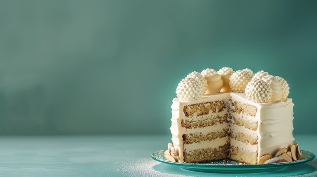 luxurious white truffle and almond cake, elegant and subtle, set against a deep teal backdrop