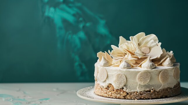 luxurious white truffle and almond cake, elegant and subtle, set against a deep teal backdrop