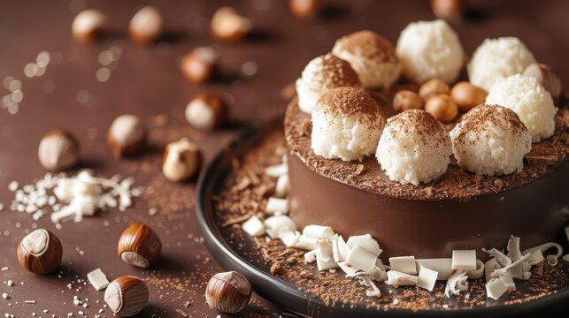 luxurious white truffle and hazelnut cake on a rich chocolate brown background, sophisticated for gourmet text