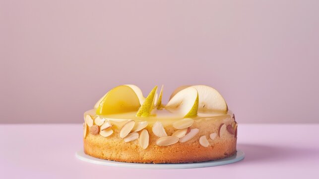 minimalist almond and pear cake with sliced pears on top, set against a soft lilac background