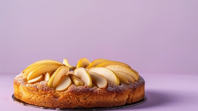 minimalist almond and pear cake with sliced pears on top, set against a soft lilac background