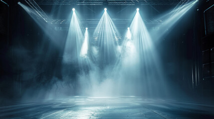 Illuminated stage with scenic lights and smoke. Blue vector spotlight with smoke volume light effect on black background. Stadium cloudiness projector