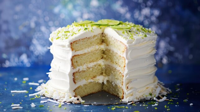 minimalist coconut and lime cake with white frosting, presented on a vibrant indigo background