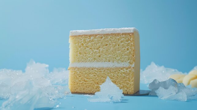 minimalist Japanese sponge cake, light and airy, set against a cool ice blue background