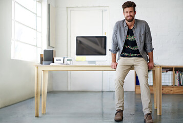 Aufkleber - Computer, creative and portrait of web development man at desk in office for administration of programming. Business, design and tech with happy developer in professional workplace for IT support
