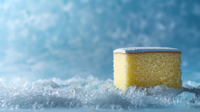 minimalist Japanese sponge cake, light and airy, set against a cool ice blue background