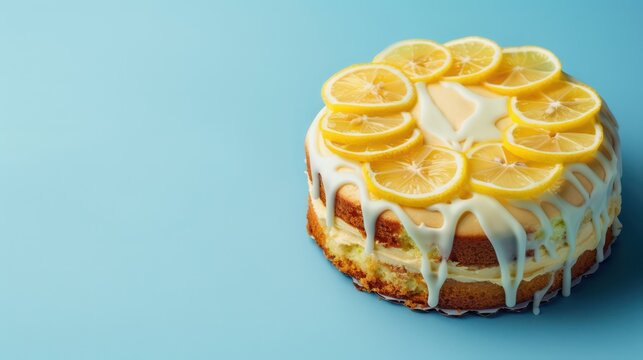 minimalist lemon drizzle cake on a sky blue background, designed for text addition