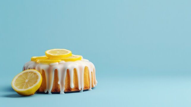 minimalist lemon drizzle cake on a sky blue background, designed for text addition