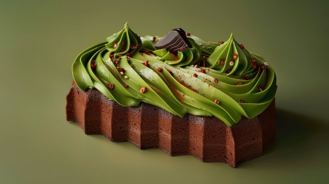 modern avocado and chocolate cake with a hint of chili on a rich olive green background, unique and perfect for bold text