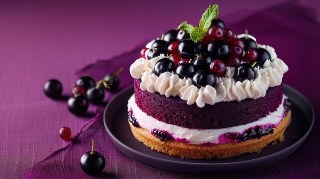 modern blackcurrant and cream cake on a deep purple background, chic and perfect for elegant text