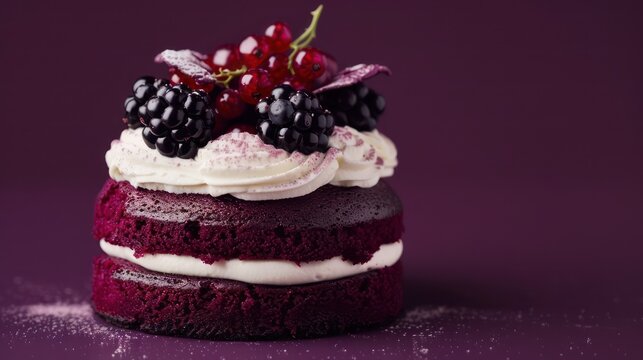 modern blackcurrant and cream cake on a deep purple background, chic and perfect for elegant text