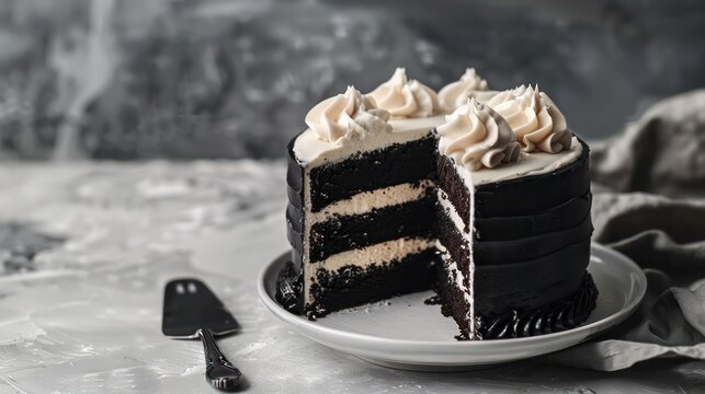 modern black tea cake with cream frosting on a soft gray background, sophisticated and ideal for text