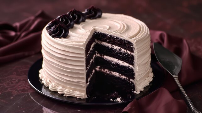 modern black velvet cake with creamy frosting on a rich burgundy backdrop, luxurious for elegant text