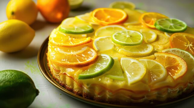 modern citrus polenta cake with layers of lemon, lime, and orange on a bright citrus background, refreshing and ideal for lively text