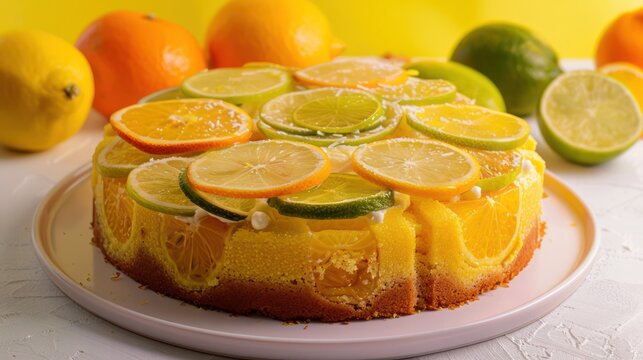 modern citrus polenta cake with layers of lemon, lime, and orange on a bright citrus background, refreshing and ideal for lively text