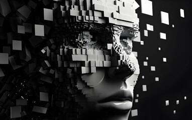 Poster - A face made of cubes on a black background, in the digital art style, using dark white and light gray colors, with an artificial intelligence theme, in a pixelated style. 3D rendering, with a glitch e