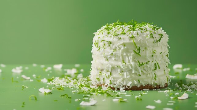 modern coconut and lime cake with lime zest on a vibrant kelly green background, zesty and perfect for fresh text