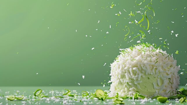 modern coconut and lime cake with lime zest on a vibrant kelly green background, zesty and perfect for fresh text