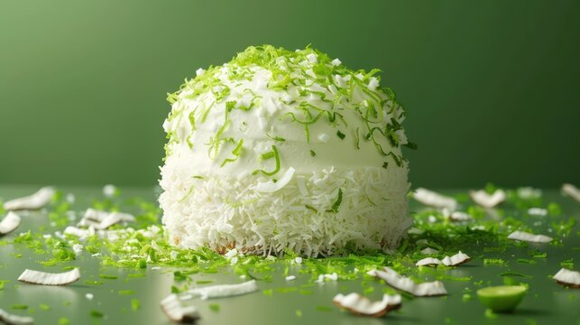 modern coconut and lime cake with lime zest on a vibrant kelly green background, zesty and perfect for fresh text
