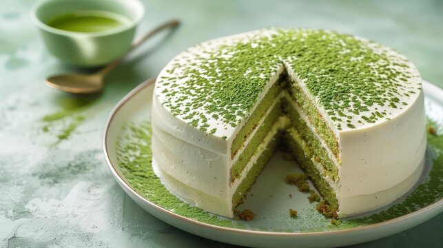 modern green tea cake with dusted matcha on a soft emerald backdrop, chic and ready for text